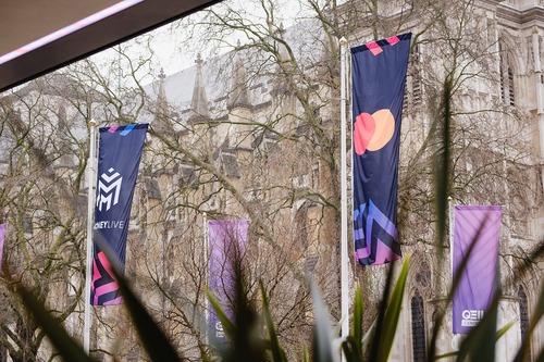 MoneyLIVE Summit flags outside QEII Centre, London