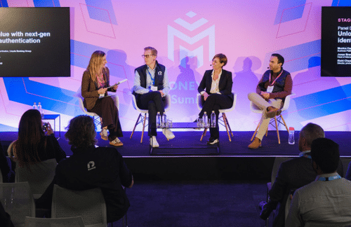 Speakers on stage at banking event